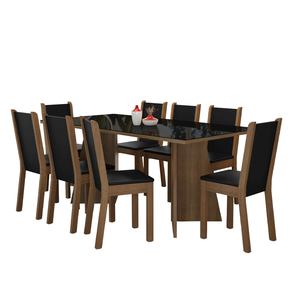 Encontraproduto.com.br - Conjunto Sala de Jantar Mesa Tampo de Vidro 8 Cadeiras Rustic/Preto Justine Madesa