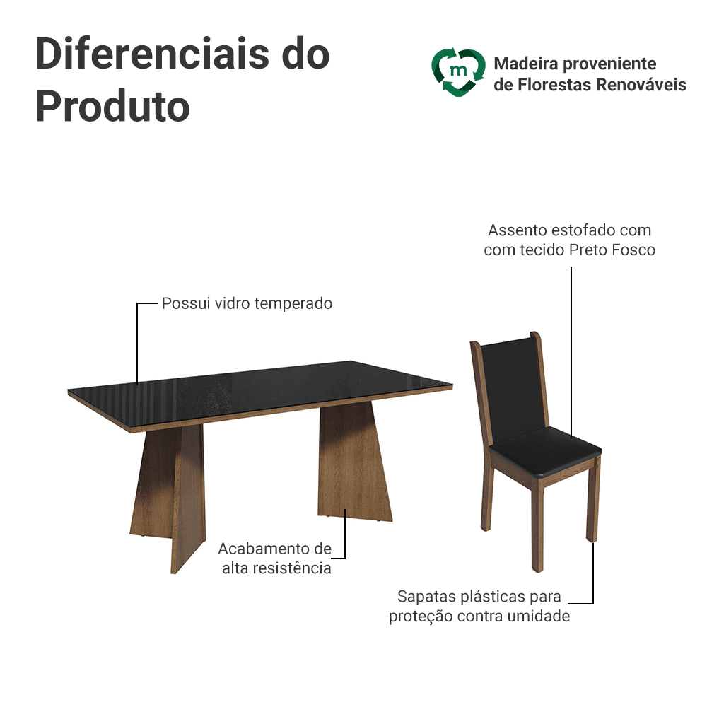 Encontraproduto.com.br - Conjunto Sala de Jantar Mesa Tampo de Vidro 8 Cadeiras Rustic/Preto Justine Madesa