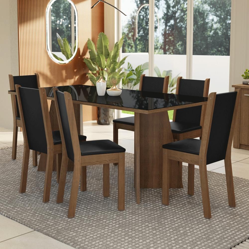 Encontraproduto.com.br - Conjunto Sala de Jantar Mesa Tampo de Vidro 6 Cadeiras Rustic/Preto Viola Madesa