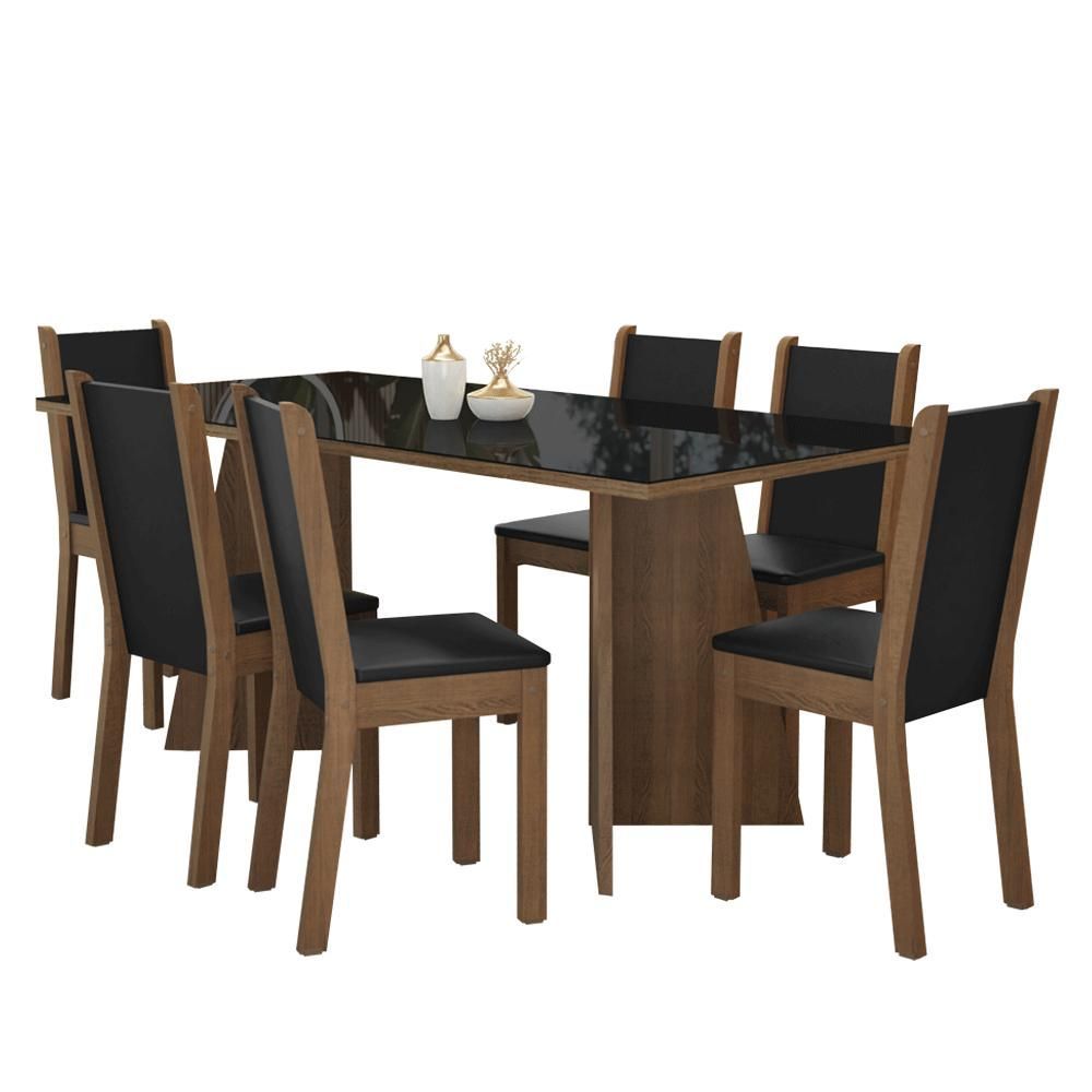 Encontraproduto.com.br - Conjunto Sala de Jantar Mesa Tampo de Vidro 6 Cadeiras Rustic/Preto Viola Madesa