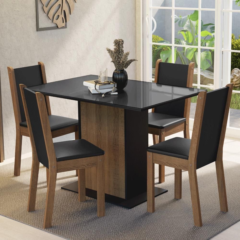 Encontraproduto.com.br - Conjunto Sala de Jantar Mesa Tampo de Vidro 4 Cadeiras Preto/Rustic Martina Madesa