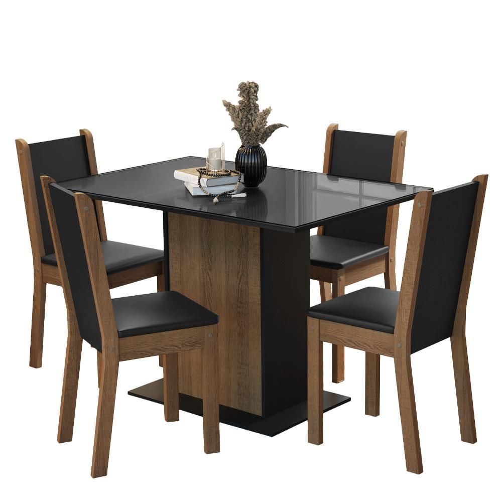 Encontraproduto.com.br - Conjunto Sala de Jantar Mesa Tampo de Vidro 4 Cadeiras Preto/Rustic Martina Madesa