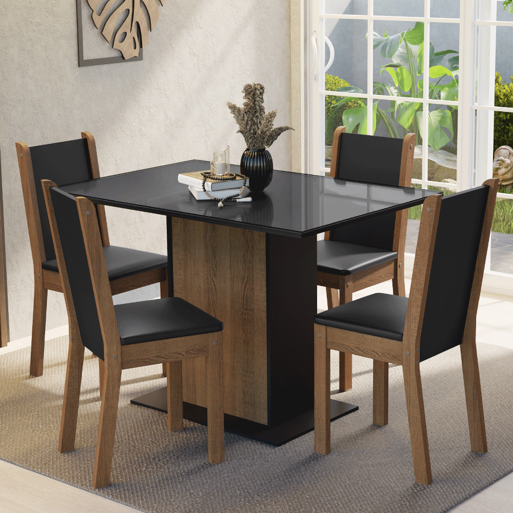 Encontraproduto.com.br - Conjunto Sala de Jantar Mesa Tampo de Vidro 4 Cadeiras Preto/Rustic Martina Madesa