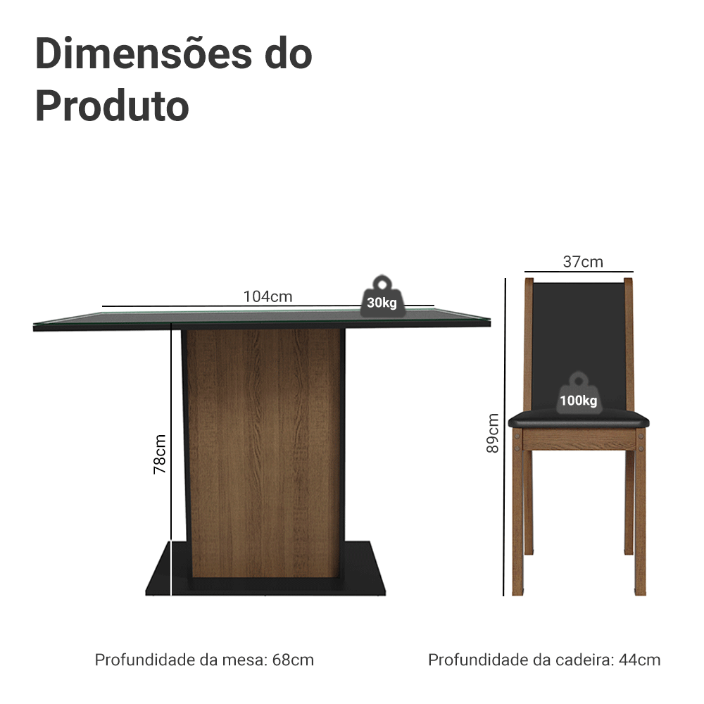 Encontraproduto.com.br - Conjunto Sala de Jantar Mesa Tampo de Vidro 4 Cadeiras Preto/Rustic Martina Madesa