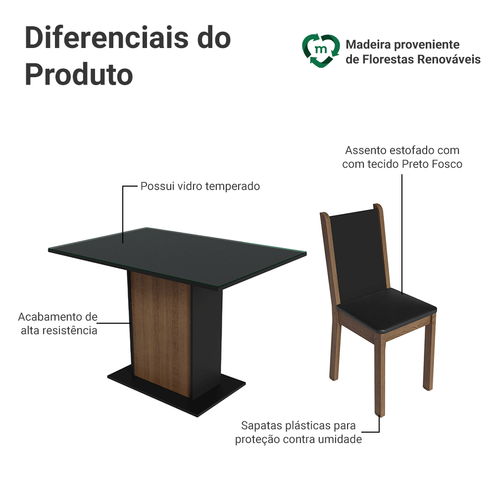 Encontraproduto.com.br - Conjunto Sala de Jantar Mesa Tampo de Vidro 4 Cadeiras Preto/Rustic Martina Madesa