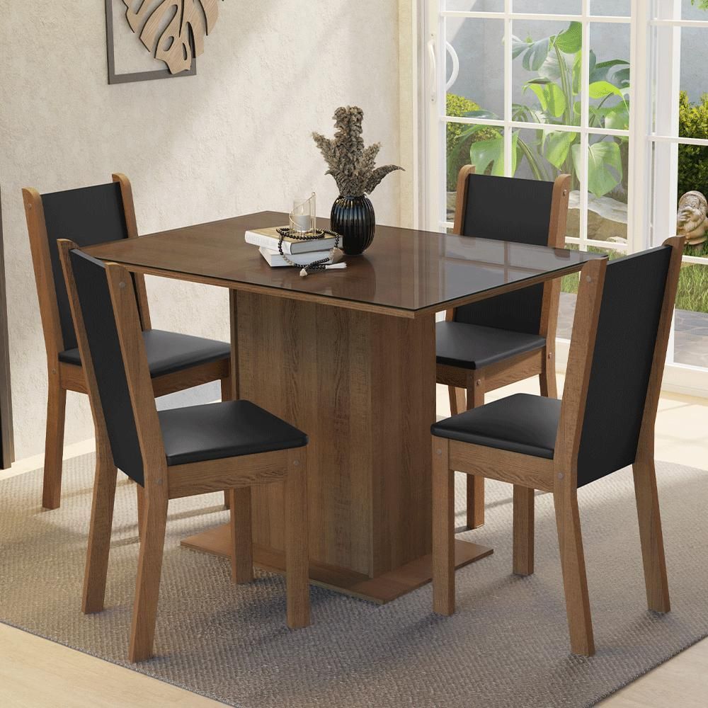 Encontraproduto.com.br - Conjunto Sala de Jantar Mesa Tampo de Vidro 4 Cadeiras Rustic/Preto Martina Madesa