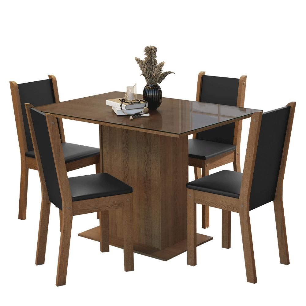 Encontraproduto.com.br - Conjunto Sala de Jantar Mesa Tampo de Vidro 4 Cadeiras Rustic/Preto Martina Madesa