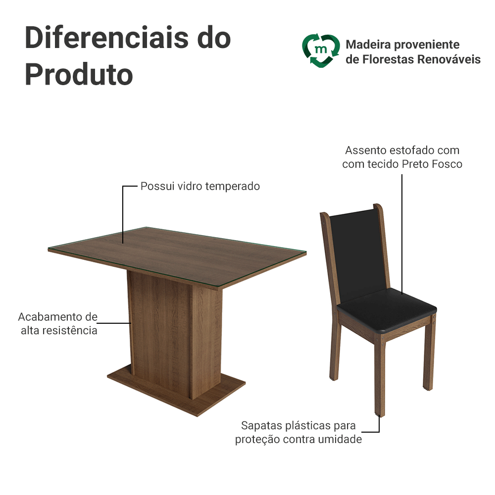Encontraproduto.com.br - Conjunto Sala de Jantar Mesa Tampo de Vidro 4 Cadeiras Rustic/Preto Martina Madesa
