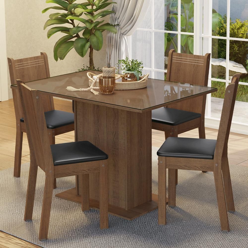 Encontraproduto.com.br - Conjunto Sala de Jantar Mesa Tampo de Vidro 4 Cadeiras Rustic/Preto Camélia Madesa