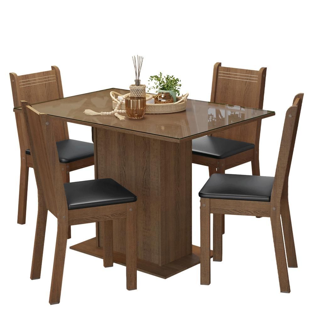 Encontraproduto.com.br - Conjunto Sala de Jantar Mesa Tampo de Vidro 4 Cadeiras Rustic/Preto Camélia Madesa