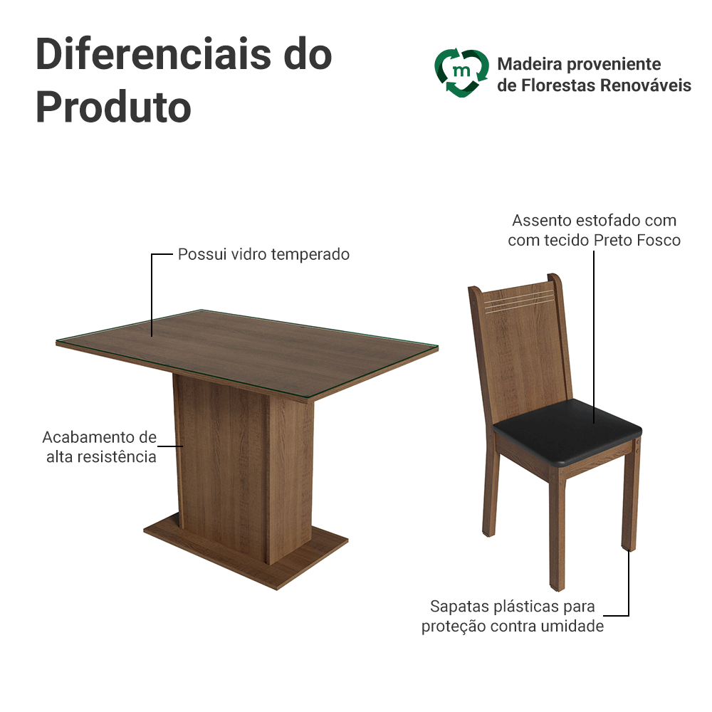 Encontraproduto.com.br - Conjunto Sala de Jantar Mesa Tampo de Vidro 4 Cadeiras Rustic/Preto Camélia Madesa