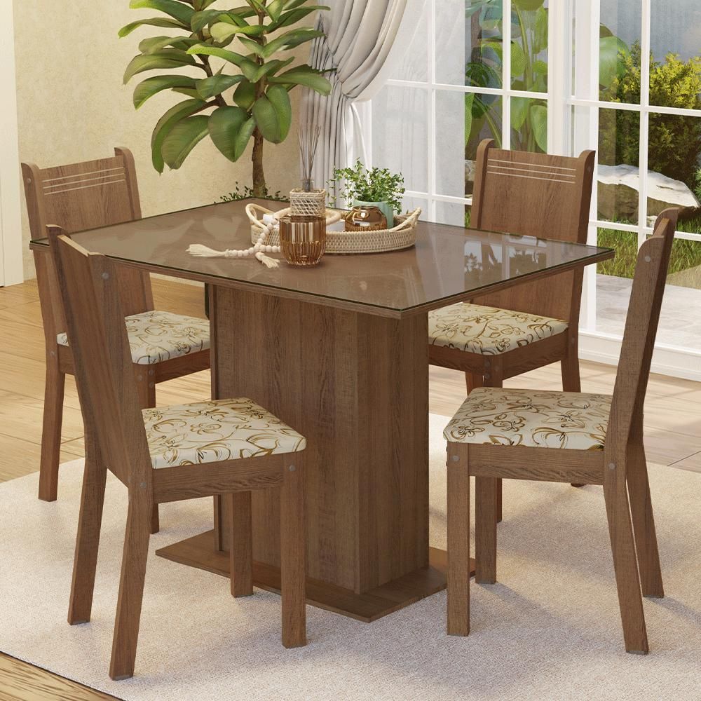 Encontraproduto.com.br - Conjunto Sala de Jantar Mesa Tampo de Vidro 4 Cadeiras Rustic/Lírio Bege Camélia Madesa