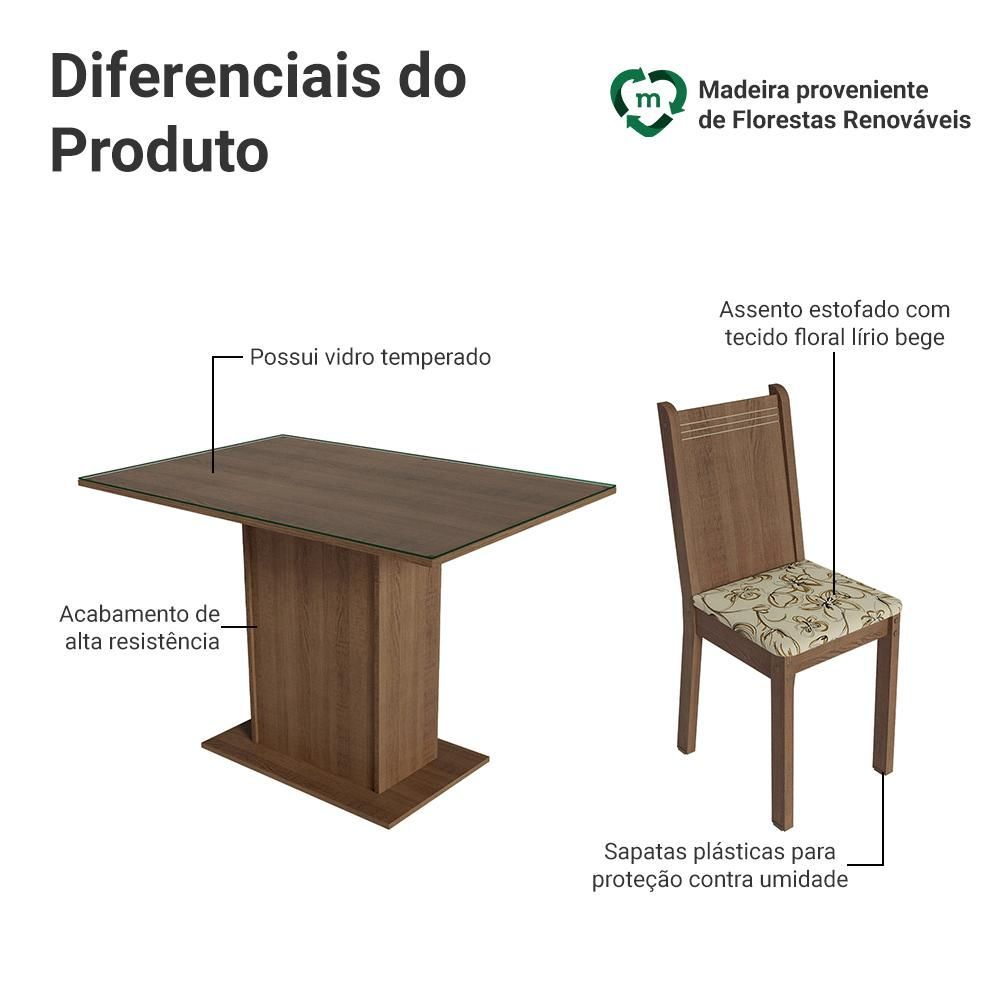 Encontraproduto.com.br - Conjunto Sala de Jantar Mesa Tampo de Vidro 4 Cadeiras Rustic/Lírio Bege Camélia Madesa