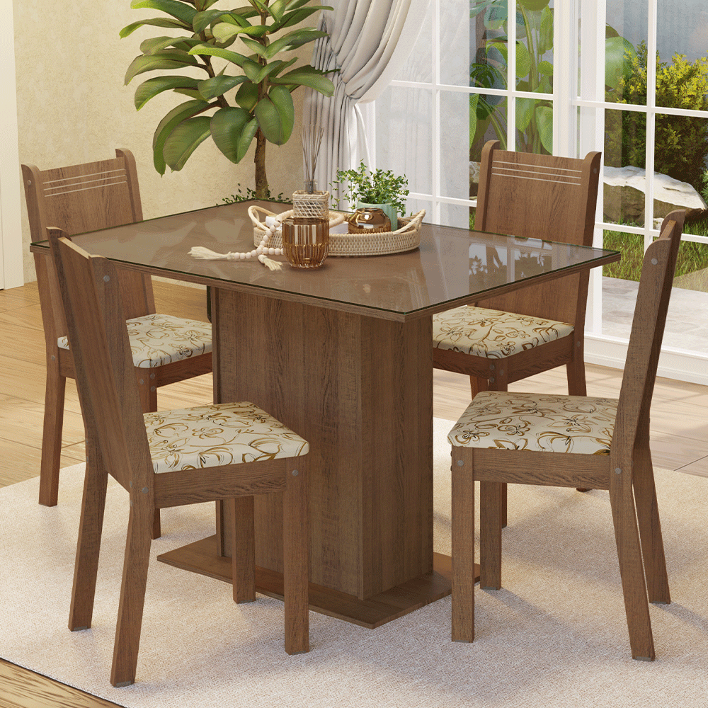 Encontraproduto.com.br - Conjunto Sala de Jantar Mesa Tampo de Vidro 4 Cadeiras Rustic/Lírio Bege Camélia Madesa