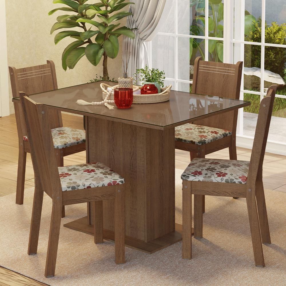 Encontraproduto.com.br - Conjunto Sala de Jantar Mesa Tampo de Vidro 4 Cadeiras Rustic/Hibiscos Camélia Madesa