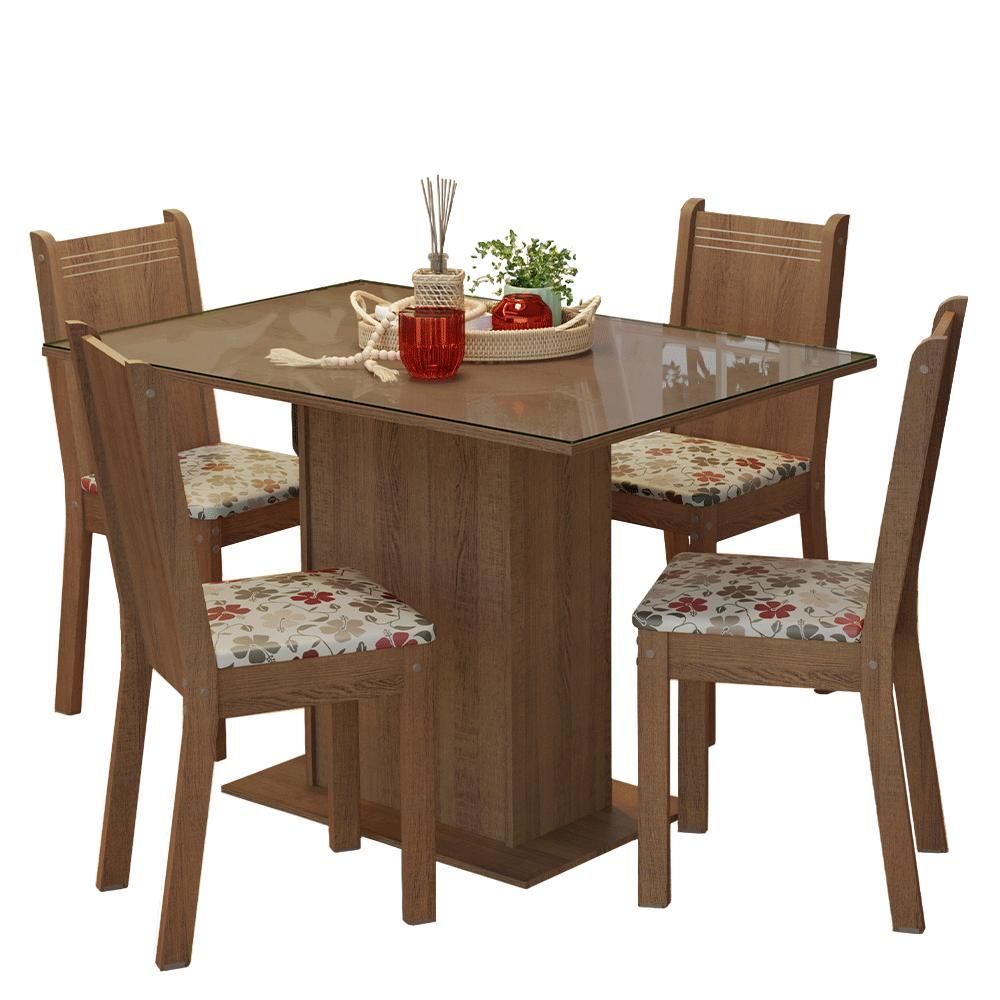Encontraproduto.com.br - Conjunto Sala de Jantar Mesa Tampo de Vidro 4 Cadeiras Rustic/Hibiscos Camélia Madesa