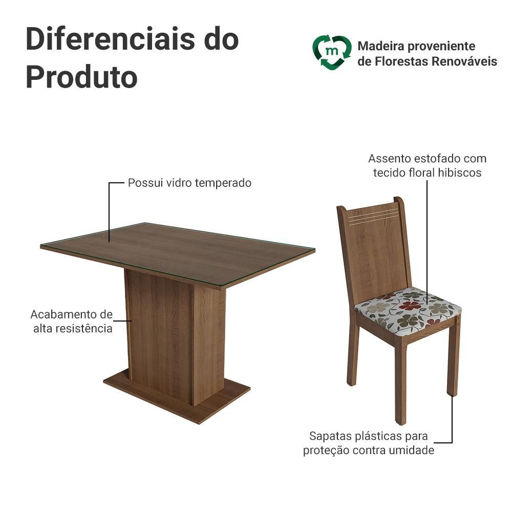 Encontraproduto.com.br - Conjunto Sala de Jantar Mesa Tampo de Vidro 4 Cadeiras Rustic/Hibiscos Camélia Madesa
