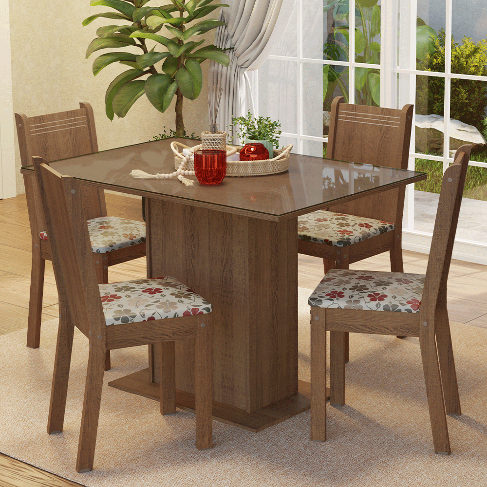 Encontraproduto.com.br - Conjunto Sala de Jantar Mesa Tampo de Vidro 4 Cadeiras Rustic/Hibiscos Camélia Madesa