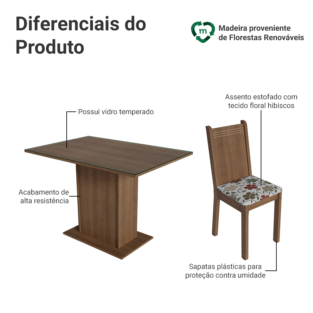 Encontraproduto.com.br - Conjunto Sala de Jantar Mesa Tampo de Vidro 4 Cadeiras Rustic/Hibiscos Camélia Madesa