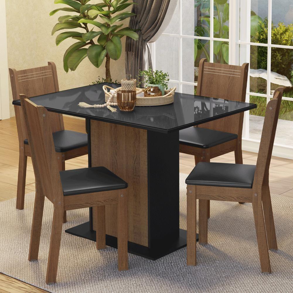 Encontraproduto.com.br - Conjunto Sala de Jantar Mesa Tampo de Vidro 4 Cadeiras Preto/Rustic Camélia Madesa