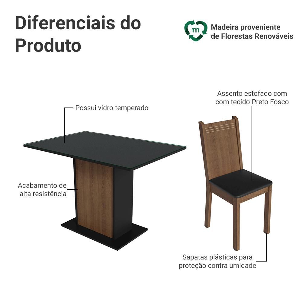 Encontraproduto.com.br - Conjunto Sala de Jantar Mesa Tampo de Vidro 4 Cadeiras Preto/Rustic Camélia Madesa