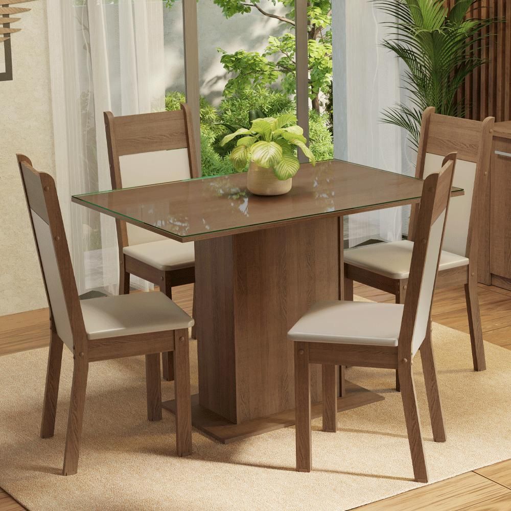 Encontraproduto.com.br - Conjunto Sala de Jantar Mesa Tampo de Vidro 4 Cadeiras Rustic/Crema/Bege Viena Madesa