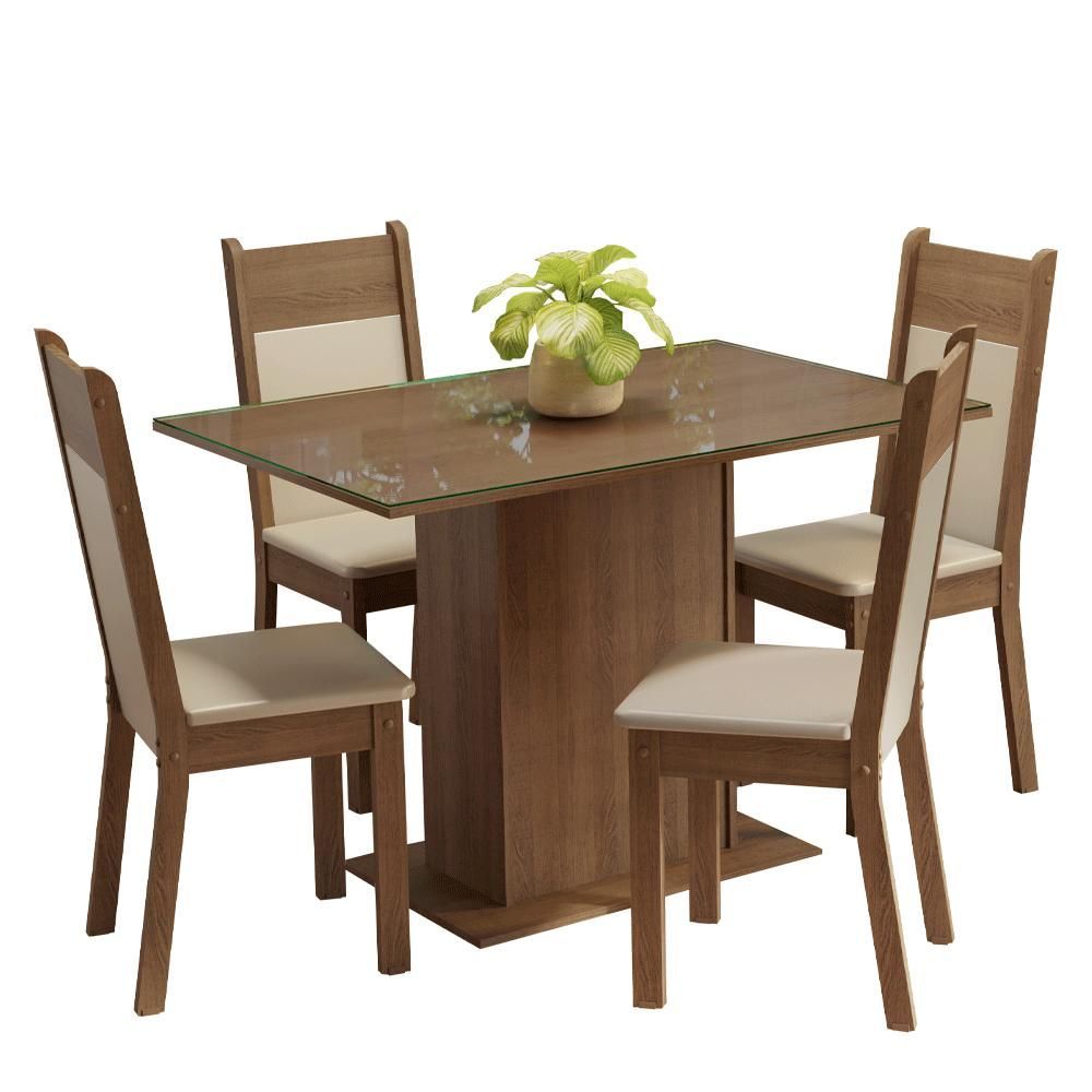 Encontraproduto.com.br - Conjunto Sala de Jantar Mesa Tampo de Vidro 4 Cadeiras Rustic/Crema/Bege Viena Madesa