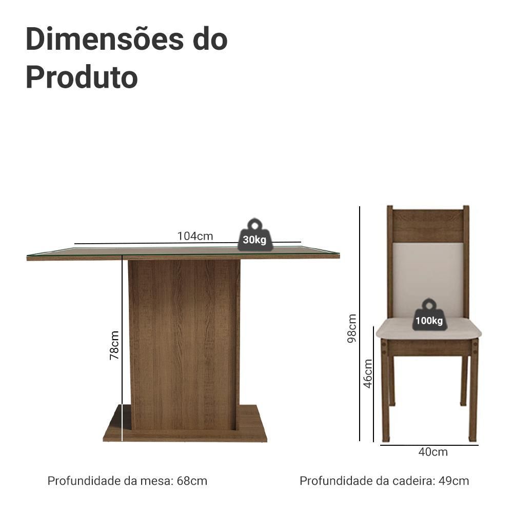 Encontraproduto.com.br - Conjunto Sala de Jantar Mesa Tampo de Vidro 4 Cadeiras Rustic/Crema/Bege Viena Madesa