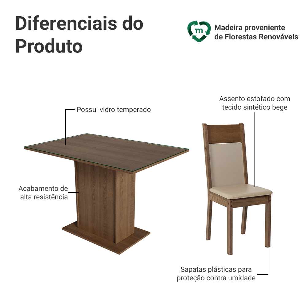 Encontraproduto.com.br - Conjunto Sala de Jantar Mesa Tampo de Vidro 4 Cadeiras Rustic/Crema/Bege Viena Madesa