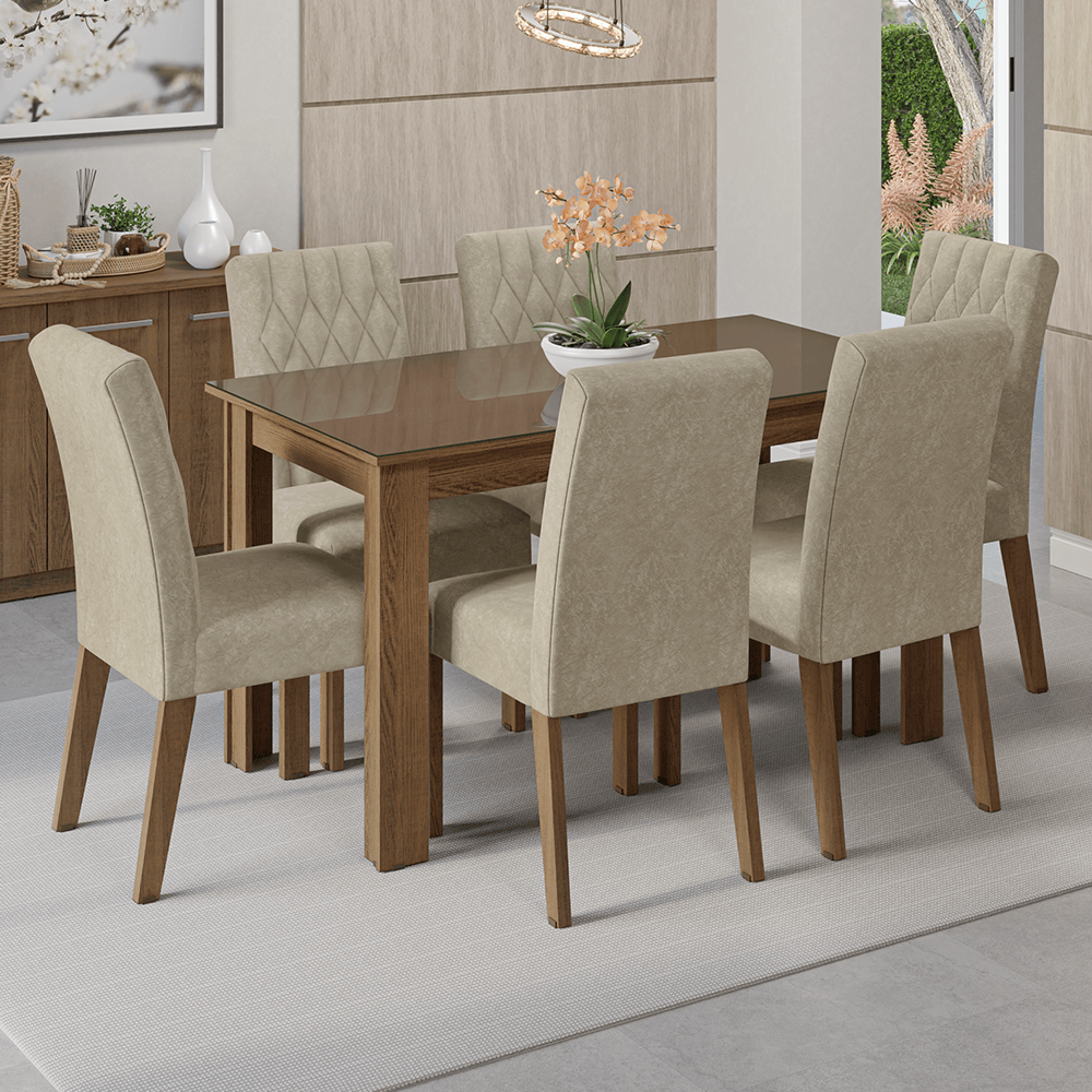 Conjunto Sala de Jantar Mesa Tampo de Vidro 6 Cadeiras Rustic/Imperial Odara Madesa