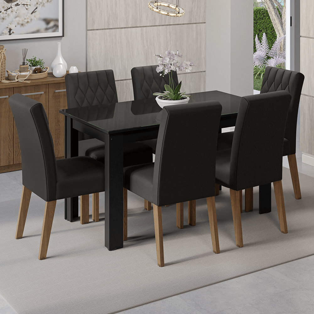 Encontraproduto.com.br - Conjunto Sala de Jantar Mesa Tampo de Vidro 6 Cadeiras Rustic/Preto/Oxford Odara Madesa