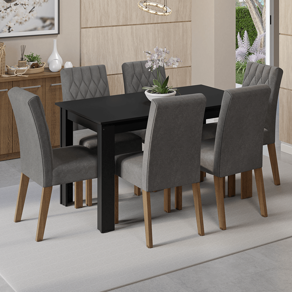 Conjunto Sala de Jantar Mesa Tampo de Madeira 6 Cadeiras Rustic/Preto/Silver Allegro Madesa