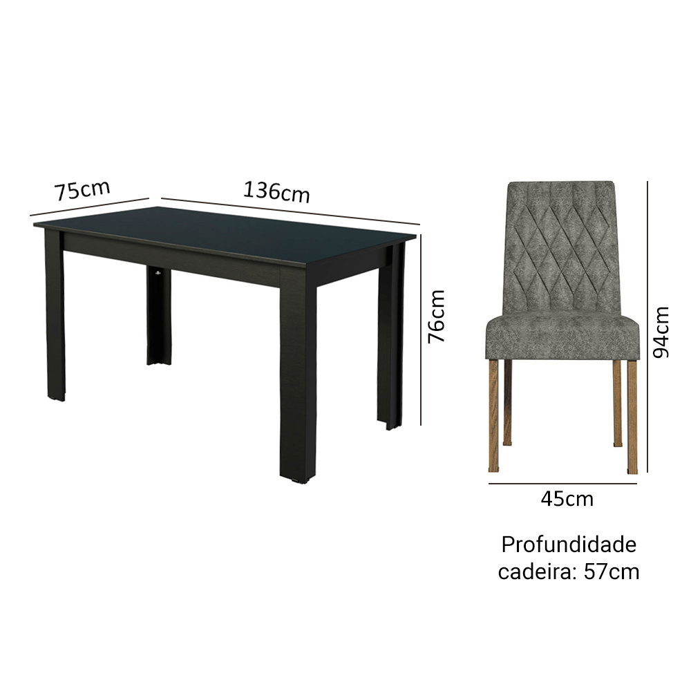 Conjunto Sala de Jantar Mesa Tampo de Madeira 6 Cadeiras Rustic/Preto/Silver Allegro Madesa