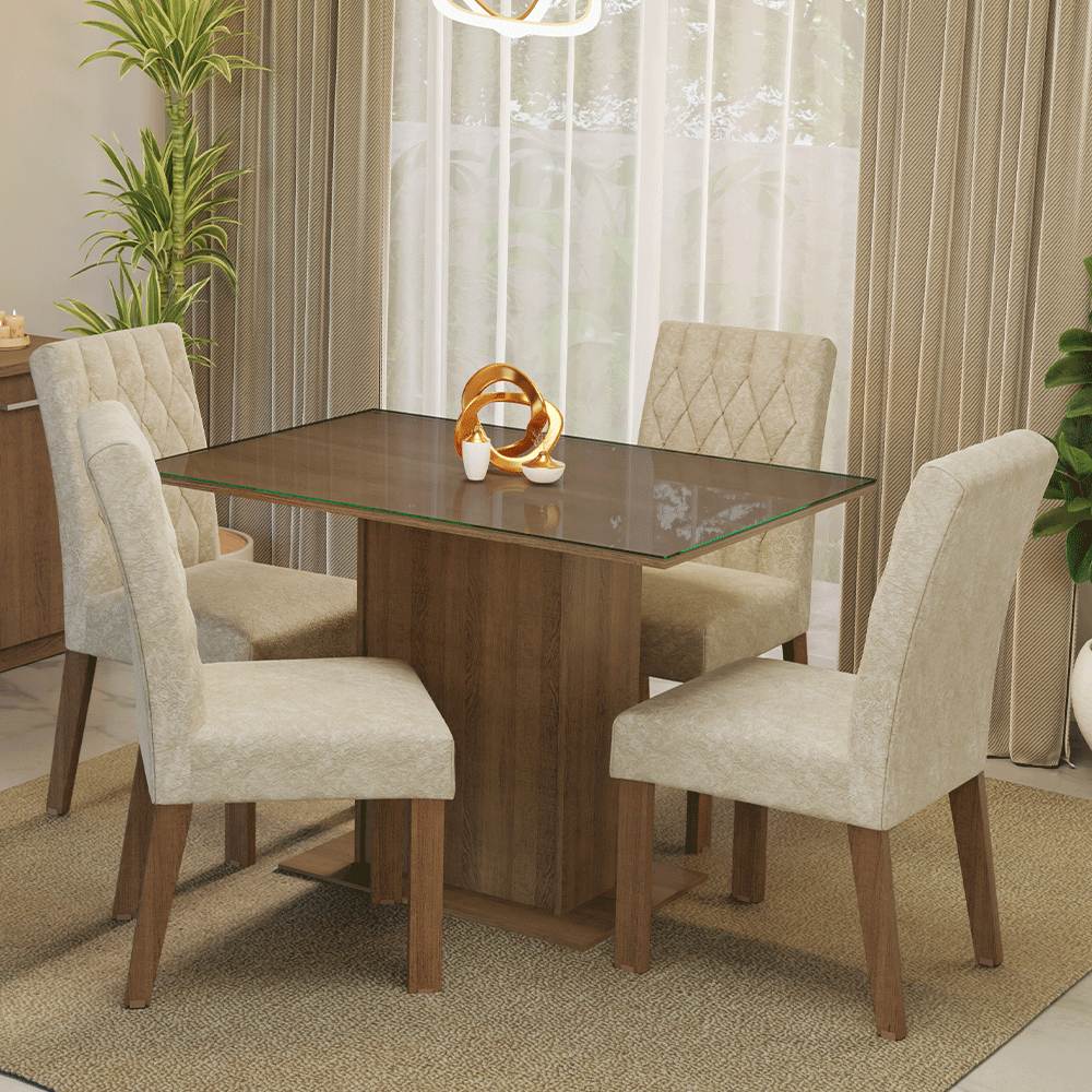 Encontraproduto.com.br - Conjunto Sala de Jantar Mesa Tampo de Vidro 4 Cadeiras Rustic/Imperial Reale Madesa