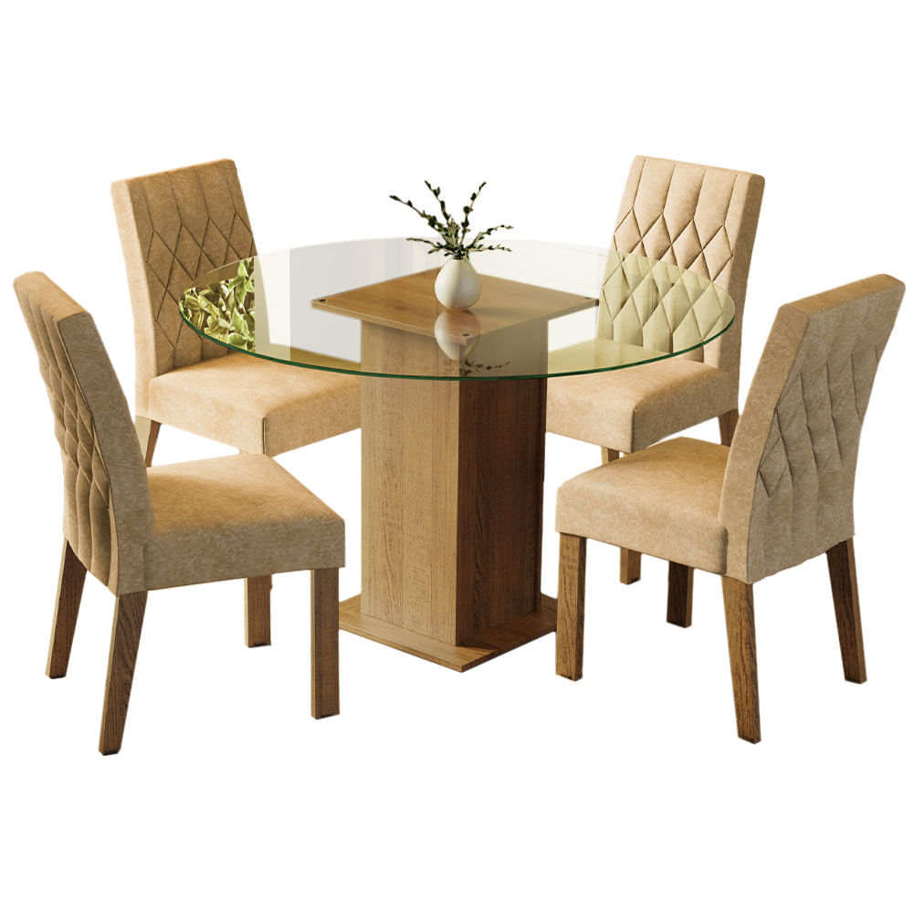 Encontraproduto.com.br - Conjunto Sala de Jantar Madesa Iris Mesa Tampo de Vidro Redondo com 4 Cadeiras Rustic/Imperial