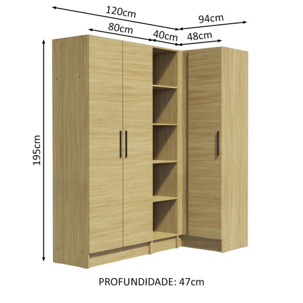 Encontraproduto.com.br - Guarda-Roupa Modulado de Canto Madesa Nilo 261002 com 3 Peças Carvalho