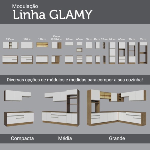 Encontraproduto.com.br - Cozinha Completa de Canto Madesa Glamy 459001 com Armário e Balcão (Sem Tampo e Pia) - Rustic/Branco