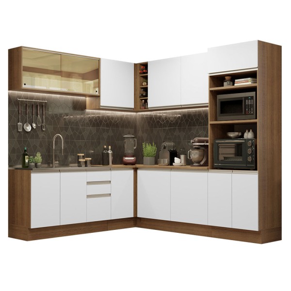 Encontraproduto.com.br - Cozinha Completa de Canto Madesa Glamy 459001 com Armário e Balcão (Sem Tampo e Pia) - Rustic/Branco