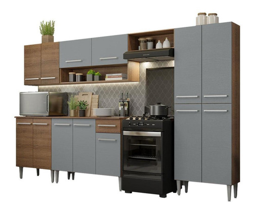 Armário de Cozinha Completa 293cm Rustic/Cinza Emilly Madesa 01