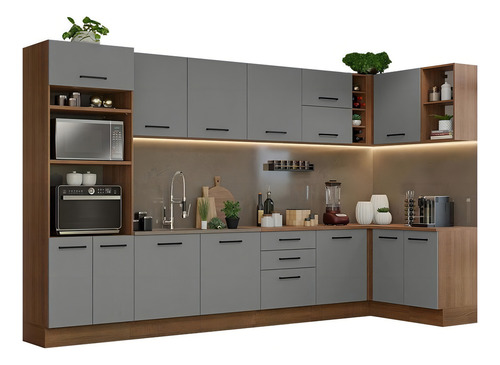 Armário de Cozinha Planejada de Canto 499cm Rustic/Cinza Agata Madesa 01