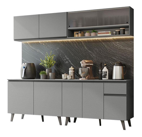 Armário de Cozinha Completa 240cm Cinza Nice Madesa 02