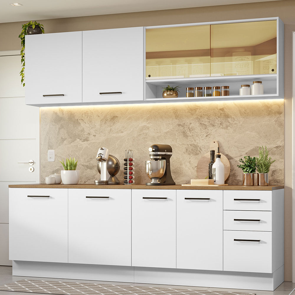 Armário de Cozinha Completa 240cm Branco Tampo Rustic 60cm de Profundidade Agata Madesa 01