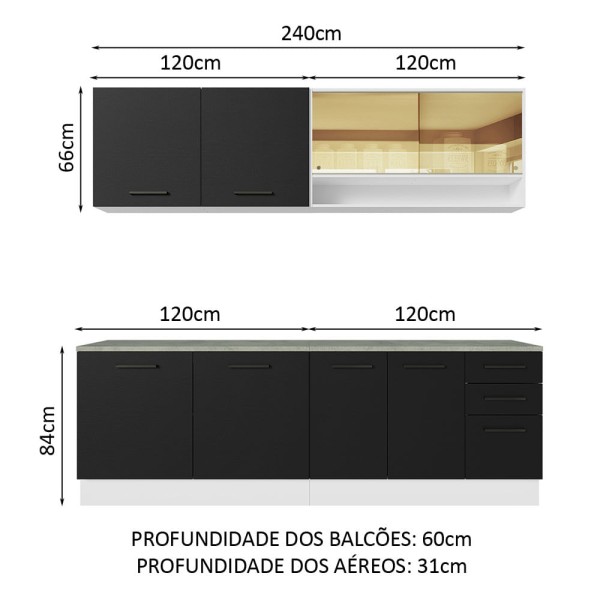 Encontraproduto.com.br - Armário de Cozinha Completa 240cm Branco/Preto 60cm de Profundidade Agata Madesa 01