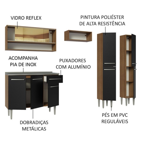 Encontraproduto.com.br - Armário de Cozinha Compacta 229cm com Pia Rustic/Preto Emilly Madesa 11