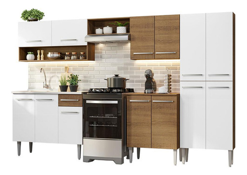 Armário de Cozinha Completa 293cm com Pia Rustic/Branco Emilly Madesa 09