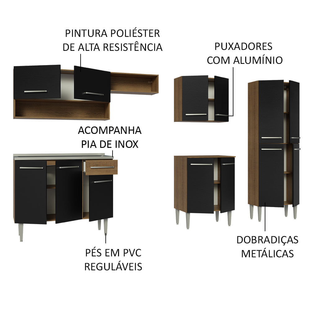 Encontraproduto.com.br - Armário de Cozinha Completa 293cm com Pia Rustic/Preto Emilly Madesa 09