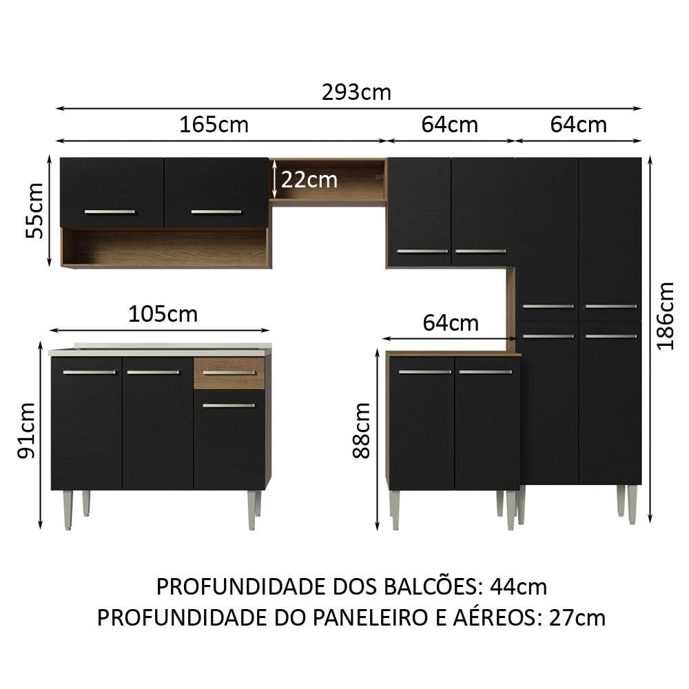 Encontraproduto.com.br - Armário de Cozinha Completa 293cm com Pia Rustic/Preto Emilly Madesa 09