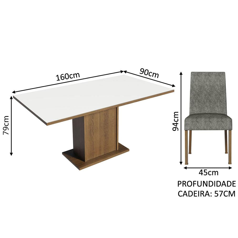 Conjunto Sala de Jantar Mesa Tampo de Madeira 6 Cadeiras Rustic/Branco/Silver Renata Madesa