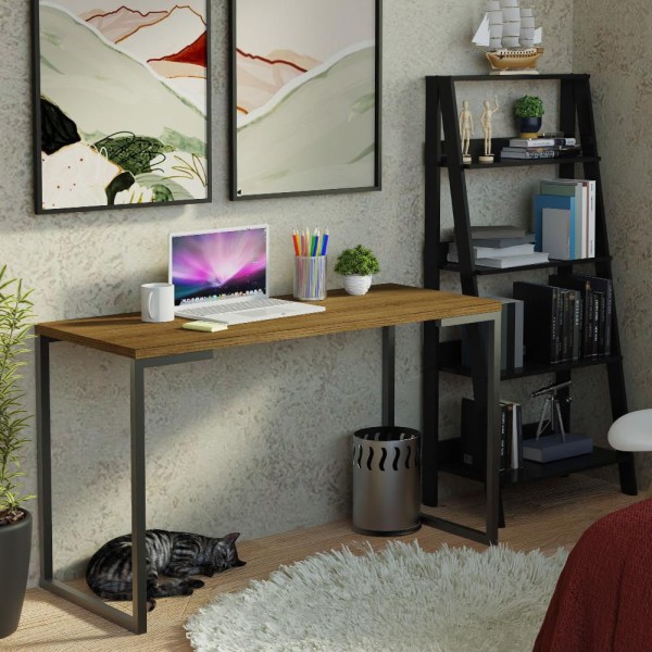 Encontraproduto.com.br - Conjunto Escritório Home Office com Mesa Industrial + Estante Escada Rustic/Preto Madesa
