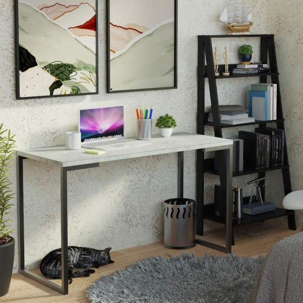 Encontraproduto.com.br - Conjunto Escritório Home Office com Mesa Industrial + Estante Escada Preto/Cinza Madesa